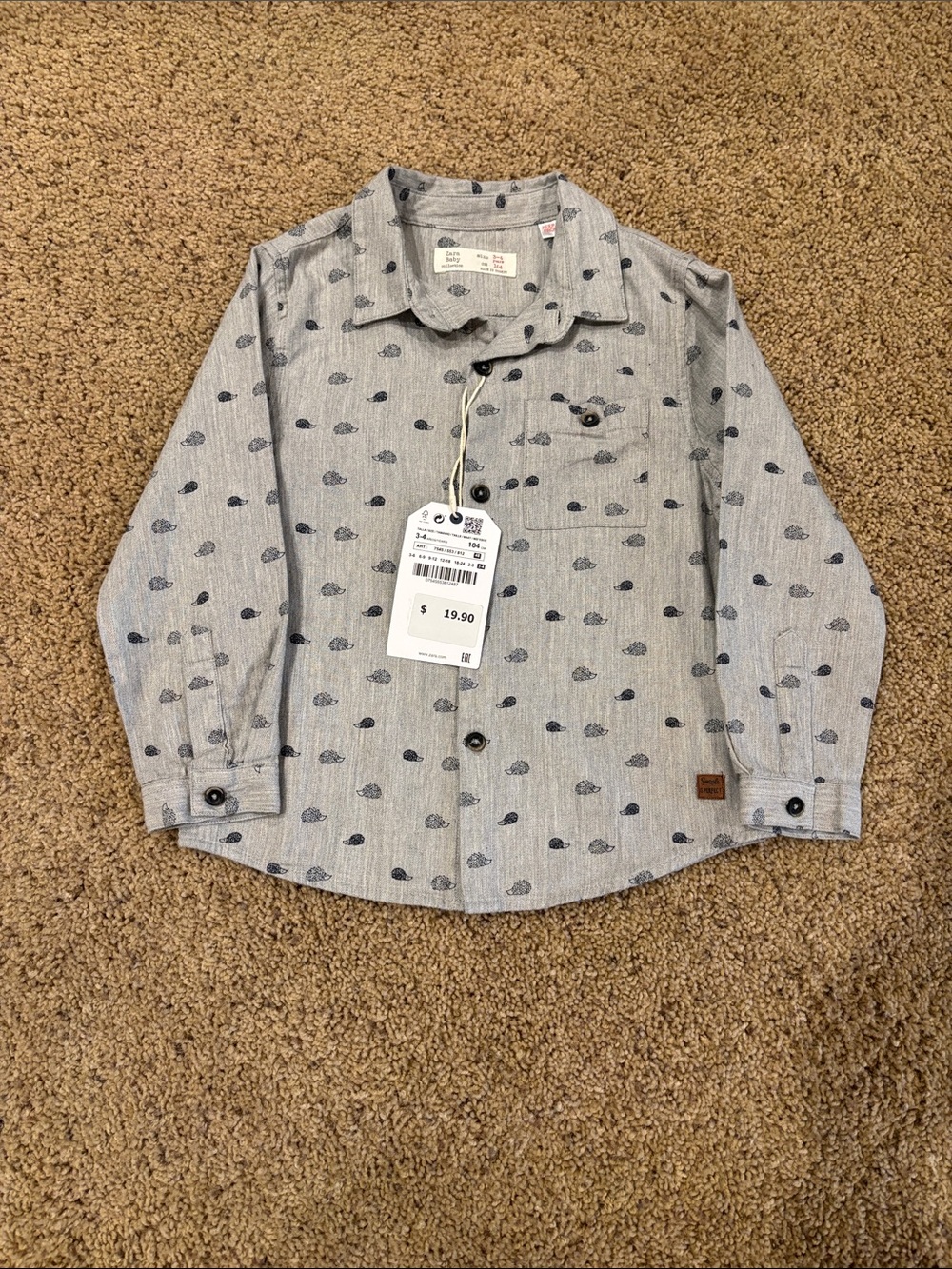 Zara Gray Hedgehog Button-Down Shirt, size 3-4